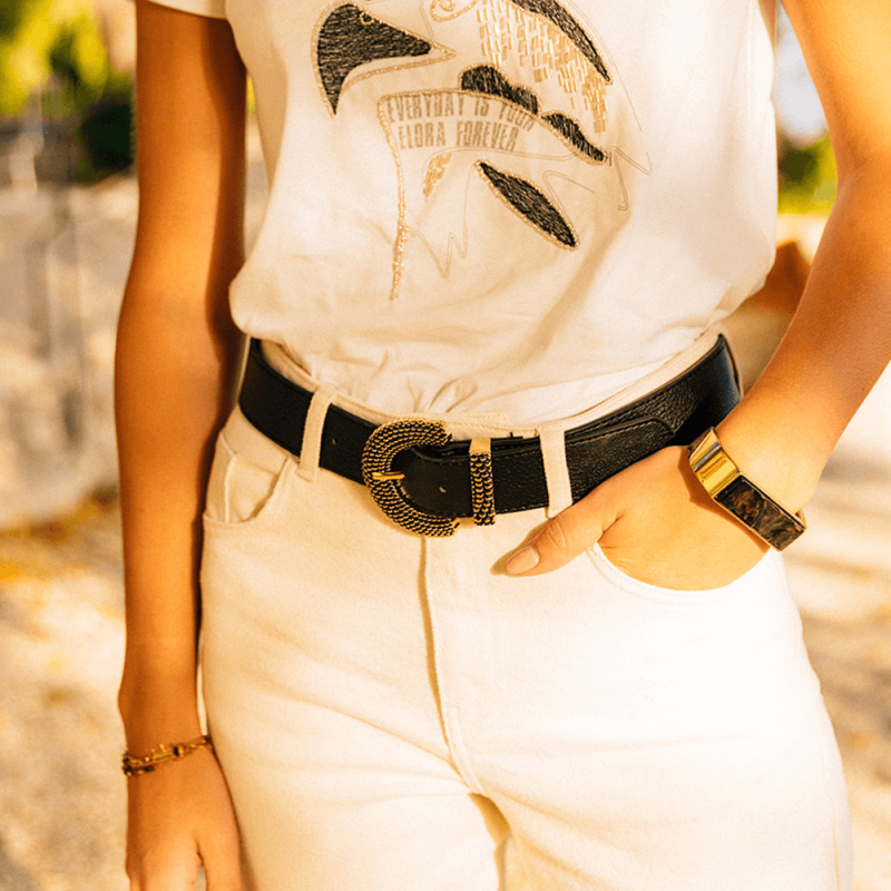 Ceinture noire en simili cuir et boucle métal noir et doré