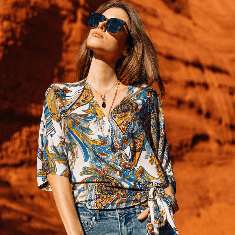 Blouse cache-coeur imprimé foulard exclusif fabriquée en France