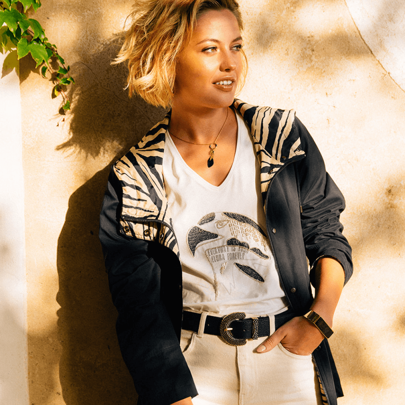 Parka réversible coloris noir et print zèbre en polyester recyclé