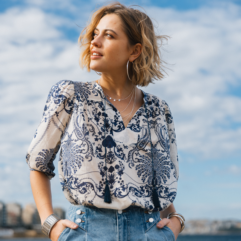 Blouse bohème 100% coton responsable écrue et bleue