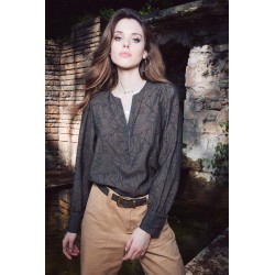Blouse imprimé graphique bicolore kaki et noir