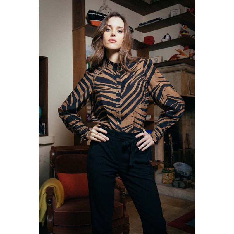 Blouse volantée imprimé zèbre bronze et noir