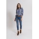 Blouse à manches gigot imprimé bleu et écru