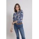 Blouse à manches gigot imprimé bleu et écru