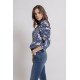 Blouse à manches gigot imprimé bleu et écru