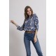 Blouse à manches gigot imprimé bleu et écru