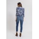 Blouse à manches gigot imprimé bleu et écru