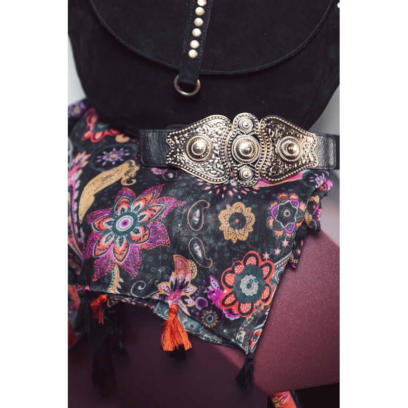 Chèche orné de sequins imprimé noir multicolore