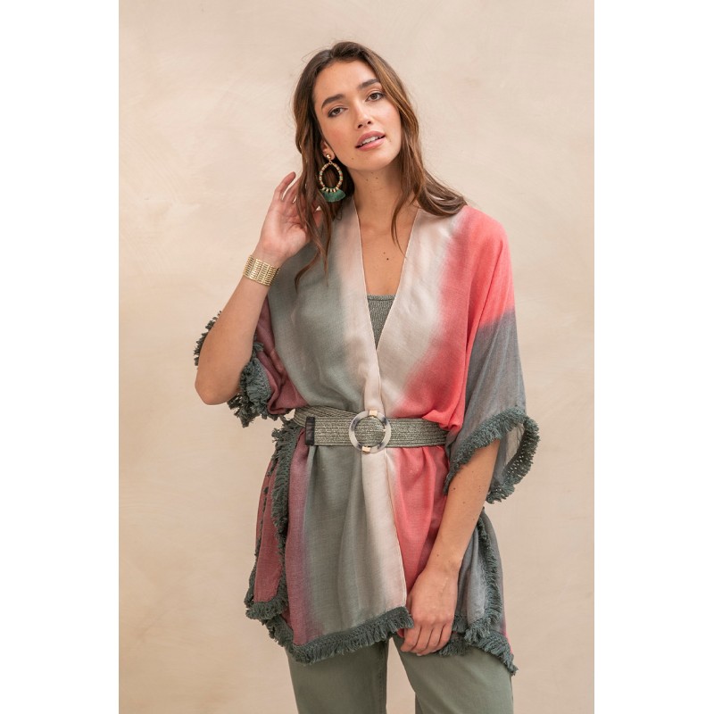 Poncho tie and dye kaki et rose