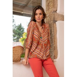 Navy and orange ethnic print blouse