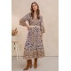 Robe longue bohème imprimé beige et bleu