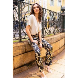 Black and beige graphic print palazzo trousers