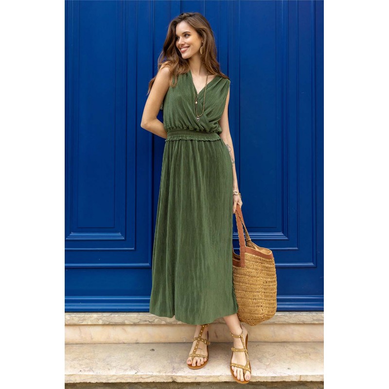 Robe plissée infroissable coloris vert