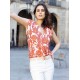 Ecru and orange crease-resistant knit top