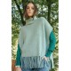 Poncho col roulé frangé vert d'eau