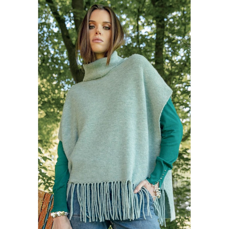 Poncho col roulé frangé vert d'eau
