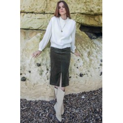 Khaki velvet midi skirt