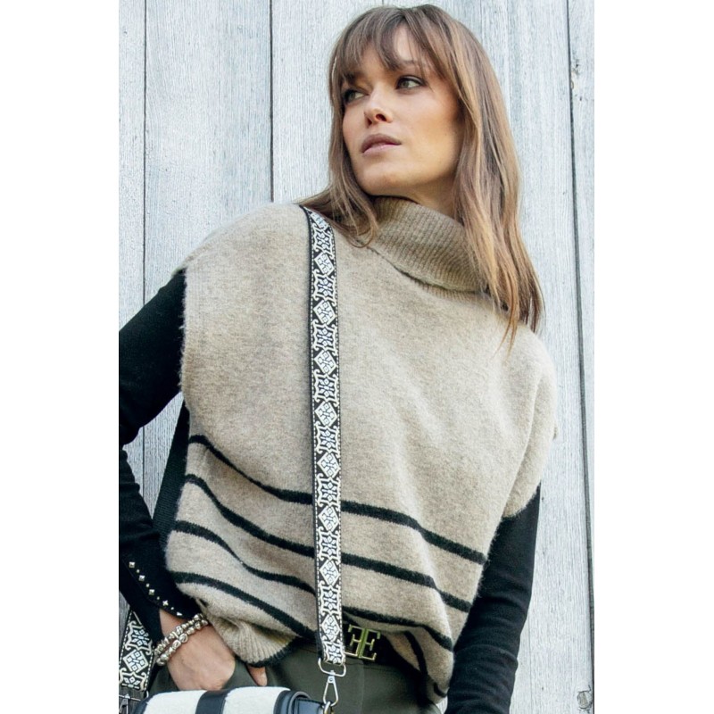 Poncho col roulé rayé beige et noir