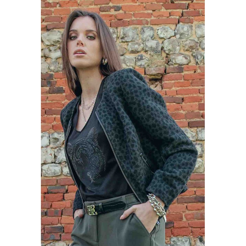 Veste inspiration couture imprimé léopard noir et gris