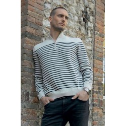 Grey and navy striped trucker neck jumper
