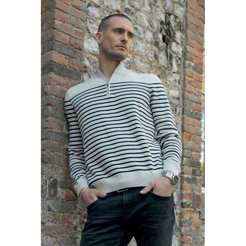 Pull col camionneur rayé gris et navy