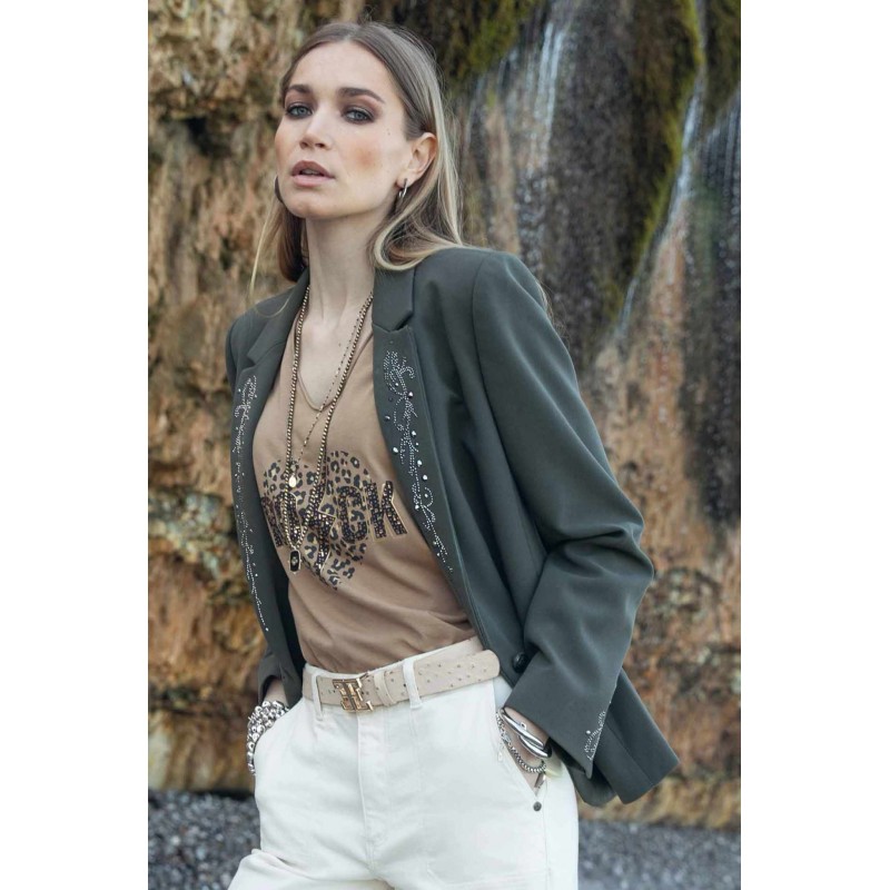 Veste tailleur à strass et clous kaki