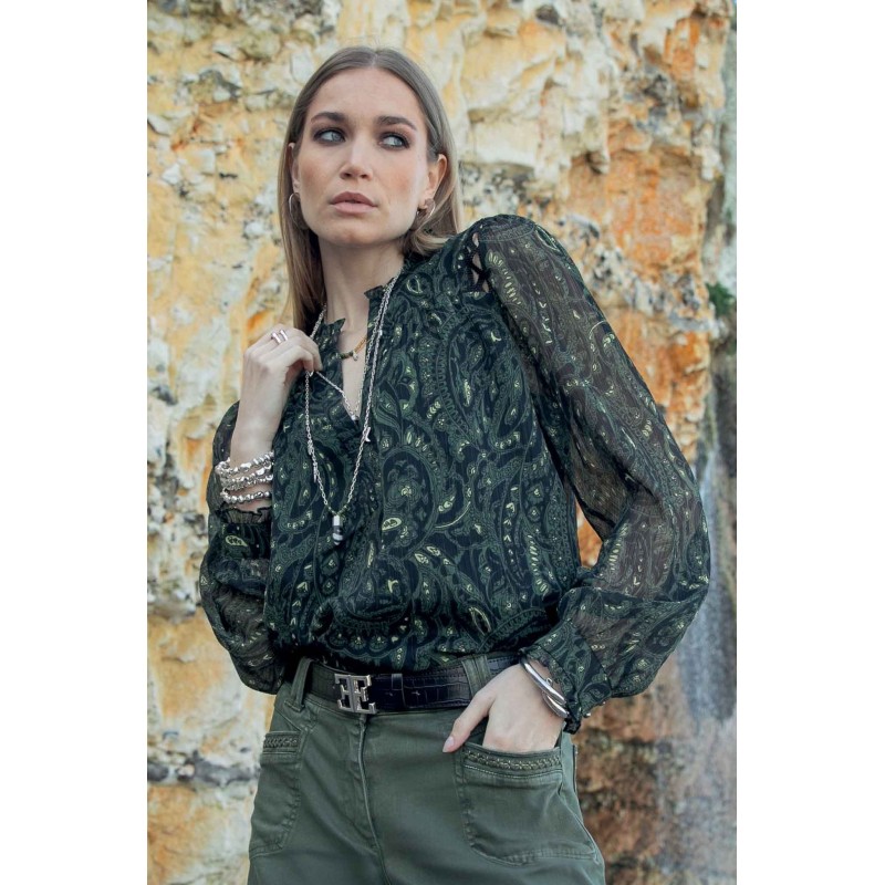 Blouse ajourée kaki et noir