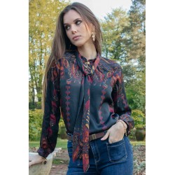 Tie-neck blouse with Native American motif