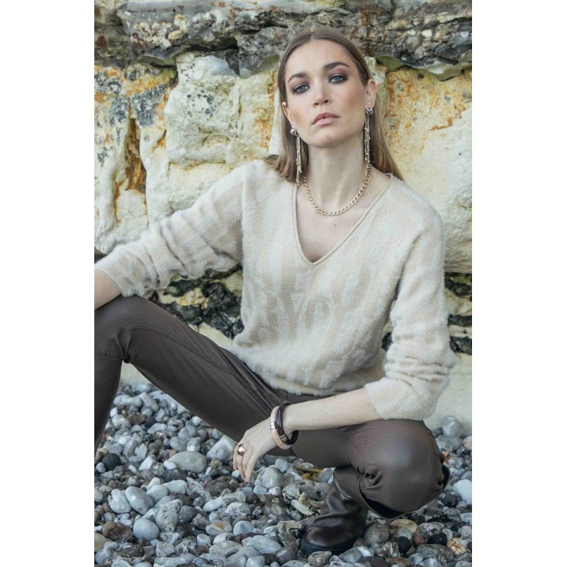 Pull à message écru et doré