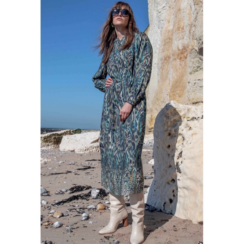 Robe longue imprimé Ikat bleu et kaki
