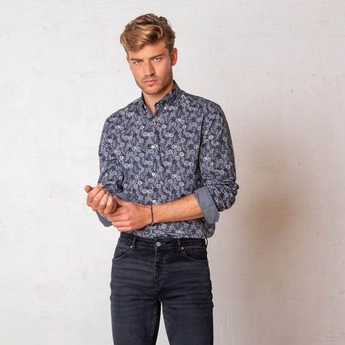 Chemise ajustée bleue à fleurs manches longues