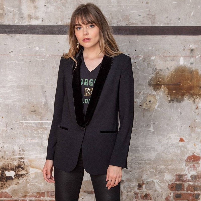 Veste tailleur longue noire coupe smoking