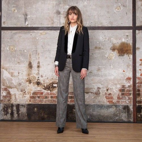 Pantalon large à carreaux en gabardine stretch