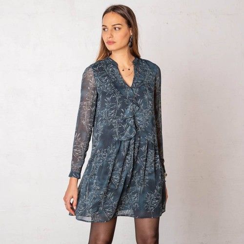 Robe droite imprimée bleue en voile à col rond  - éco responsable