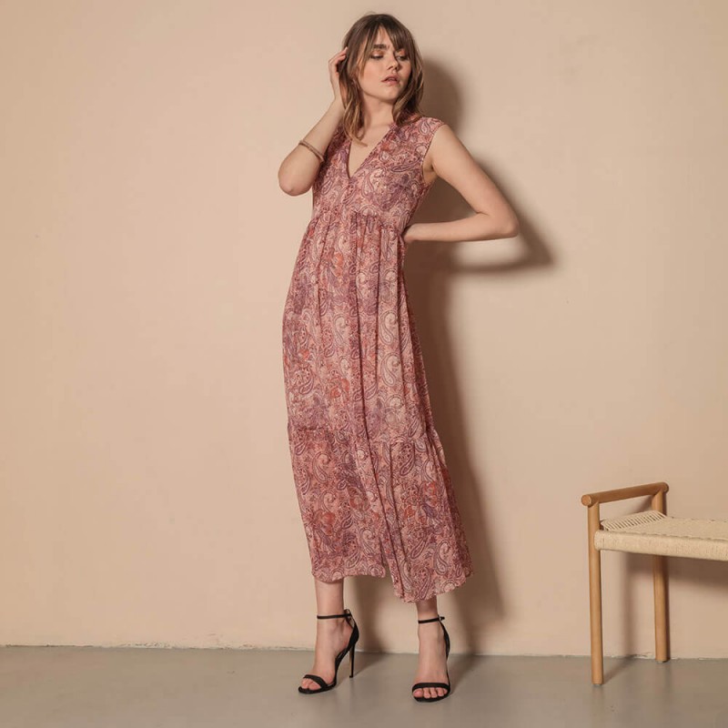 Robe Longue Fendue Imprime Cachemire Rose Elora