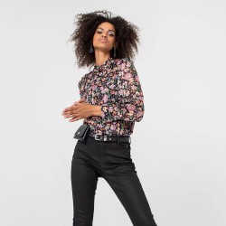 Black blouse with pink floral print and satin voile