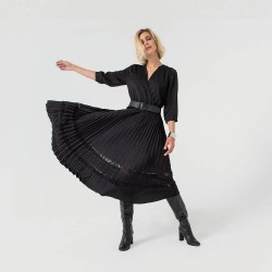 Black mid-length dress with openwork pleated skirt