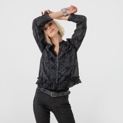 Printed blouse with ruffles and plumetis