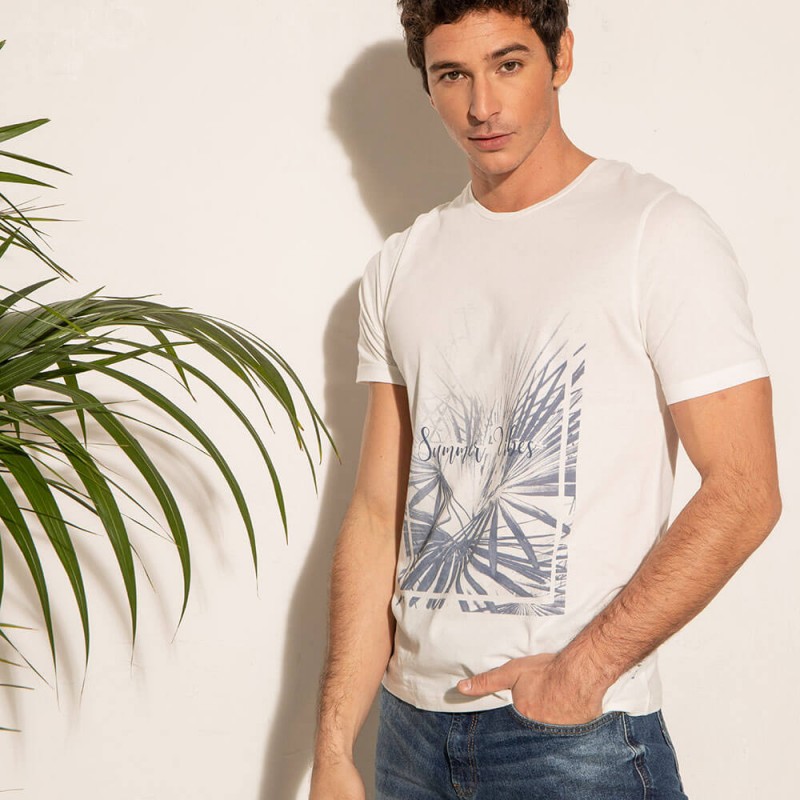 Tee-shirt imprimé tropical bleu sur fond blanc 100% coton repsonsable