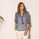 Blouse imprimé fleuri bleu et rose sur fond rayures argentées