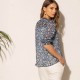 Blouse imprimé fleuri bleu et rose sur fond rayures argentées