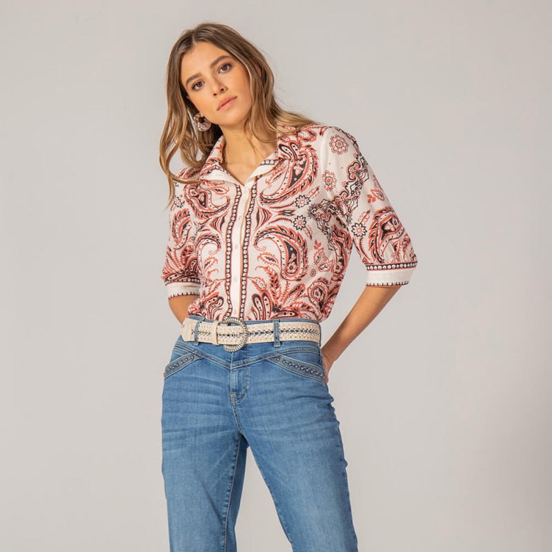 Chemise imprimé bandana écru et sienne