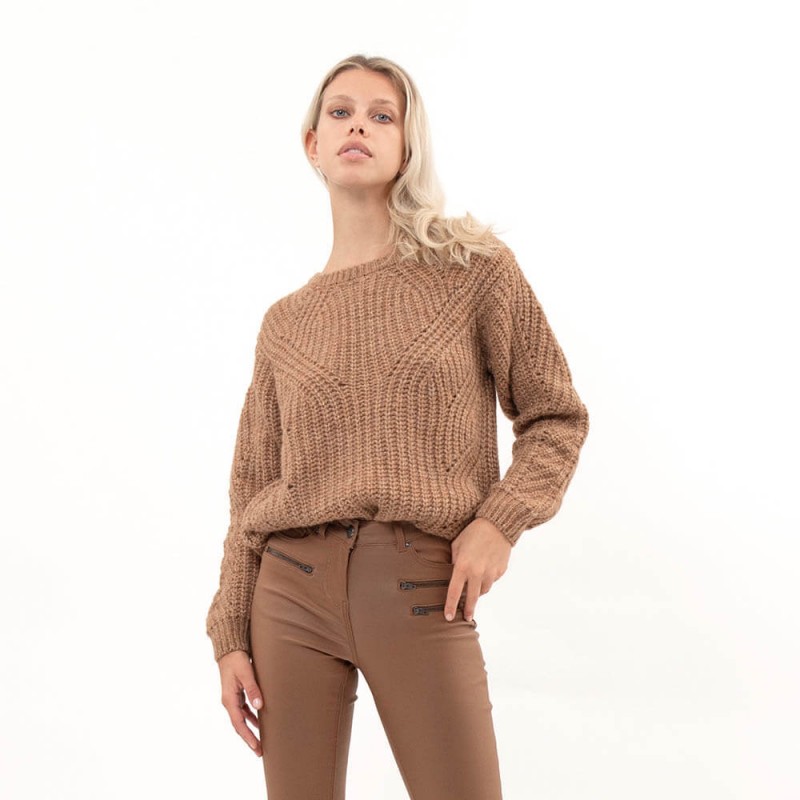 Pull caramel à grosse maille fantaisie ajourée et fil lurex en polyester recyclé