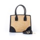 Sac seau en paille et simili cuir beige et noir