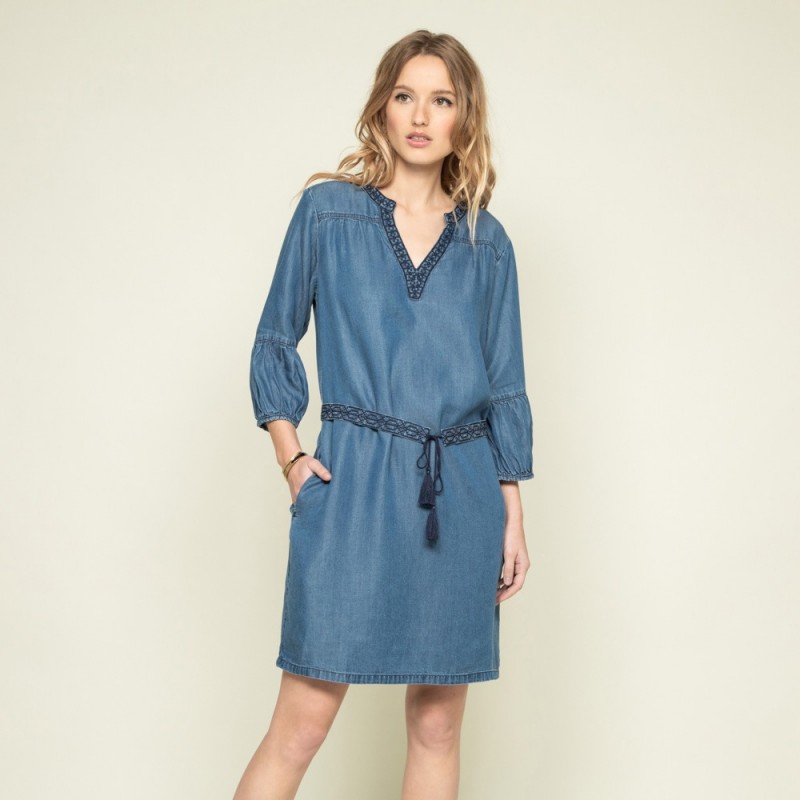 robe bleu denim courte avec ceinture VOEUX